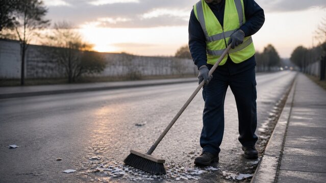 Municipal worker in a plain hi-vis vest sweeping debris at dawn on a plain street, cropped below the nose, no logos or text, flat overcast light