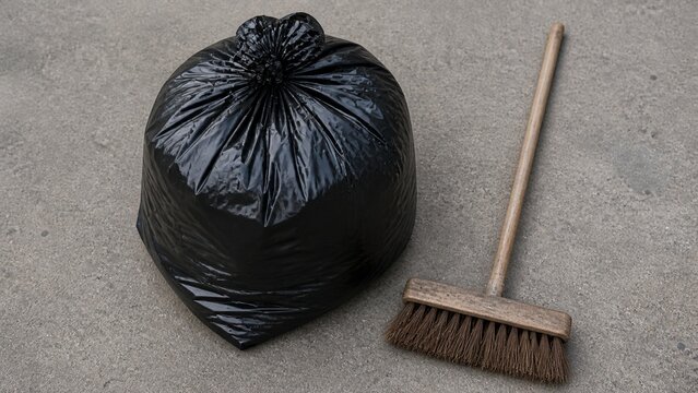 Overhead of a full bin bag of debris beside a broom on plain concrete, flat overcast morning light, honest documentary look