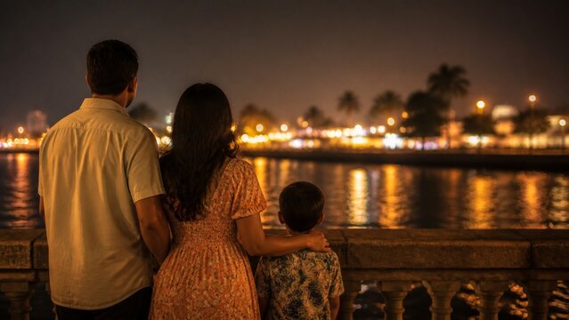 A family seen from behind on a riverside promenade watching distant soft lights, no faces visible, wide shot, warm tropical night