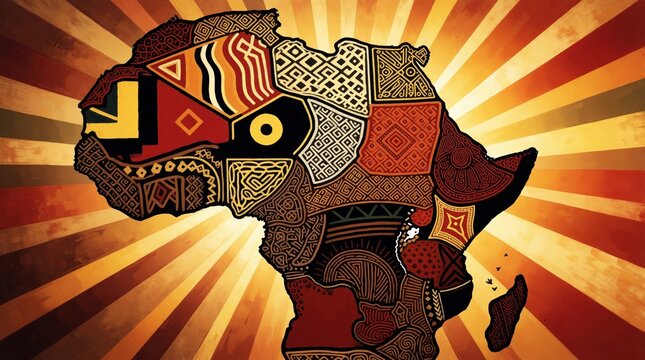 Africa map with colorful ethnic patterns, tribal art motifs. Vibrant sunburst background celebrates African liberation day, cultural heritage. Artistic continent design shows traditional texture,