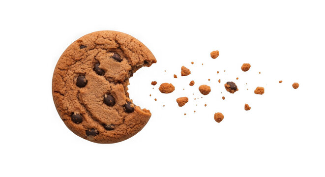 Freshly baked chocolate chip cookie breaking apart with crumbs scattering in mid-air