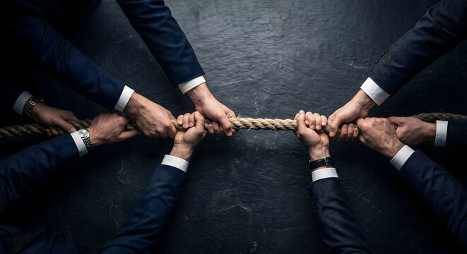 Business team pulling thick rope in opposite directions representing professional conflict and competition challenge.