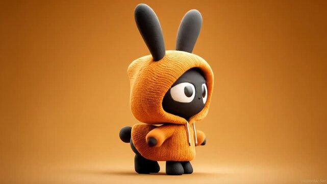 Cute 3D rendered black bunny character wearing an orange hoodie on a warm background. Playful minimalist mascot design.