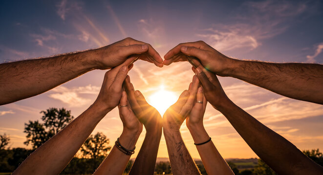Diverse group of hands forming heart shape against golden sunset sky representing unity love and community spirit.