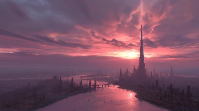 Epic digital fantasy landscape with a towering spire city at dramatic pink and purple sunset over a winding river and distant bridges.
