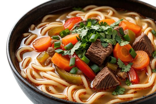 Hearty laghman noodle soup with beef carrots bell pepper and herbs in dark bowl. Savory Kyrgyz cuisine dish served warm rich in protein and nutrients.