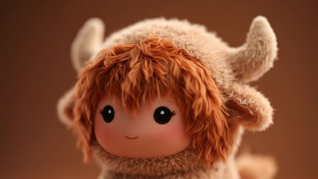 Adorable fluffy toy doll in a cute shaggy bovine costume, resembling a yak or highland cow, with big innocent eyes