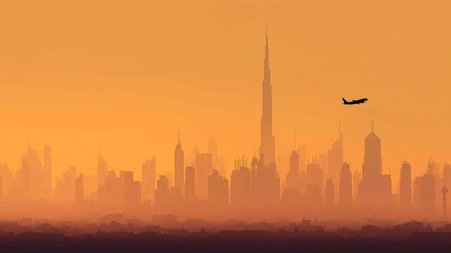 Modern cityscape silhouette with towering skyscrapers and an airplane flying over a hazy urban skyline at golden hour.