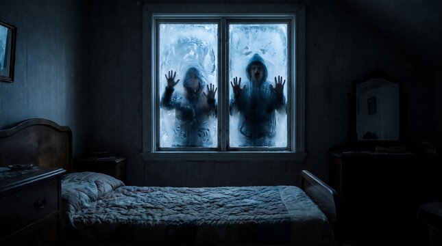 Two hooded figures peering through a frosted window into a dark bedroom