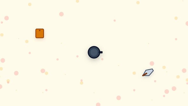 Coffee cup icon is positioned among stationery graphics on a warm cream background.