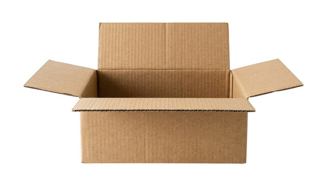 Open empty cardboard box isolated on black background front view