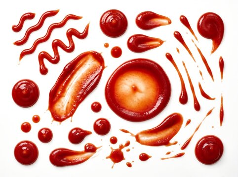 Collection of various ketchup splashes and drops isolated on white background