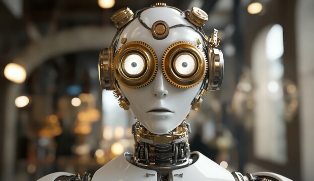 A humanoid robot with an old-fashioned steampunk aesthetic, complete with brass gears and steam lines on its headpiece. The body is made of metallic silver material