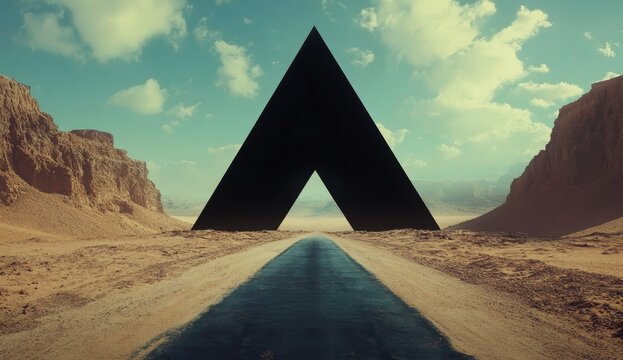 A road leading to an open, black triangular portal in the sky. On both sides of the road, there is desert and mountains. Photorealistic, cinematic style