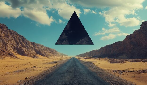 A road leading to an open, black triangular portal in the sky. On both sides of the road, there is desert and mountains. Photorealistic, cinematic style