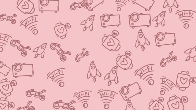 Pink background with various doodles like rockets, hearts, projectors, motorcycles, wifi symbols, and cute shapes. Suitable for web design projects.