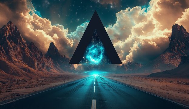 A road leading to the horizon with an abstract black triangle in front of it, leading into another world. The sky is cloudy, and there are mountains on each side of the highway