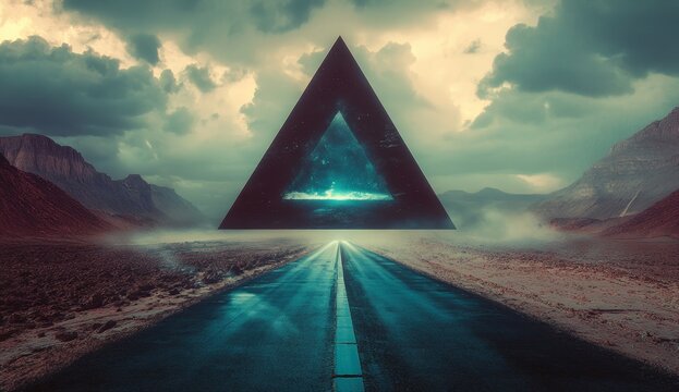 A road leading to the horizon with an abstract black triangle in front of it, leading into another world. The sky is cloudy, and there are mountains on each side of the highway