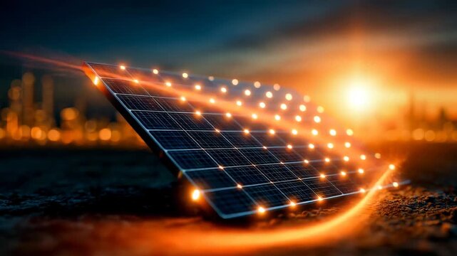 Solar Panels Sending Glowing Energy to Sustainable City