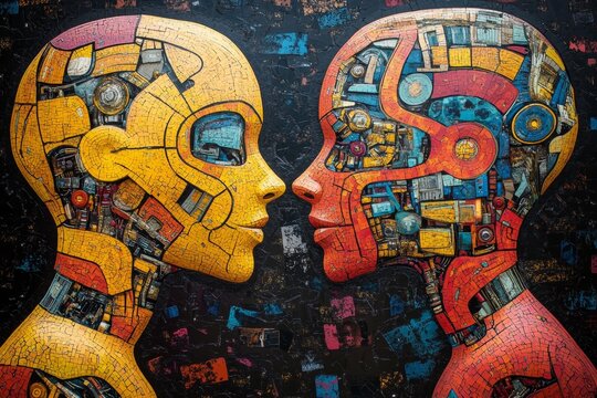 Artificial Intelligence and Human Interaction, in the style of Pierced, colorful, dark background, high-tech, high-resolution