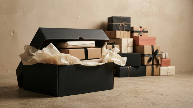 A large open black gift box filled with brown paper wrapped presents and a pile of boxes in the background for a holiday celebration