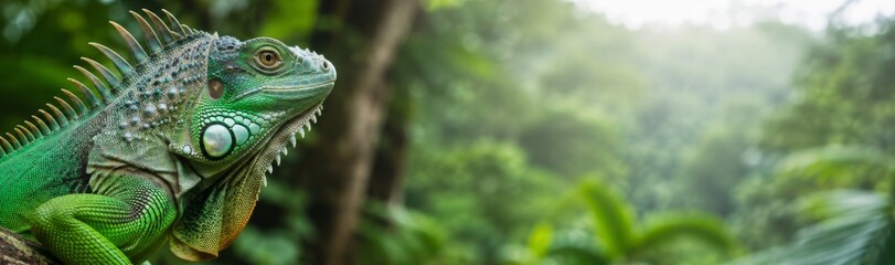 Obraz premium Majestic green iguana in natural habitat with vibrant scales and forest banner format