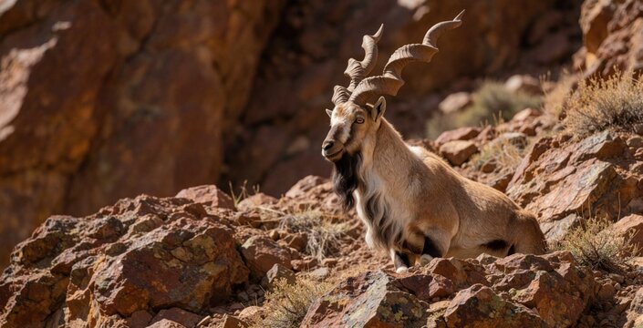 Male markhor animal sits on rocky cliff side. This wild goat native to Central Asia has large corkscrew horns. Majestic wild mammal rests on mountain slope in its natural habitat.