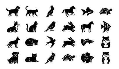 Obraz premium animal, animals, pet, companion, dog, cat, bird, rabbit, horse, fish, turtle, hamster, icon, silhouette, black, filled, vector, collection, grid, isolated, editable, minimal, simple, veterinary, wildl