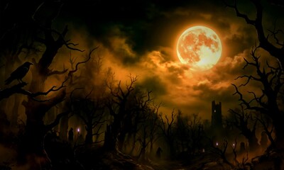 Spooky Halloween night landscape with glowing full moon, eerie dead forest with silhouettes of bare trees, dark gothic cemetery atmosphere © Faruk