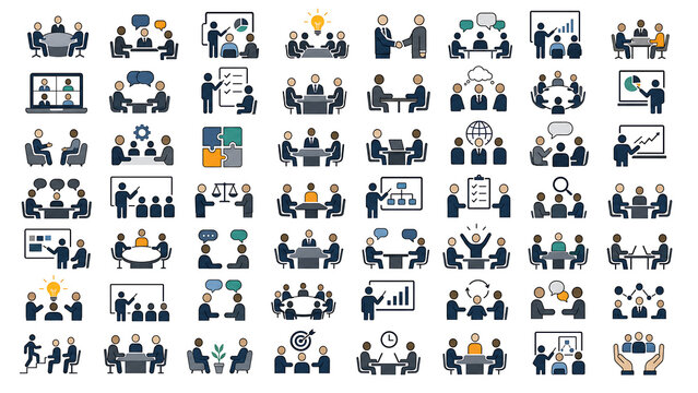 Corporate meeting icons vector set featuring business strategy presentations and teamwork scenes.