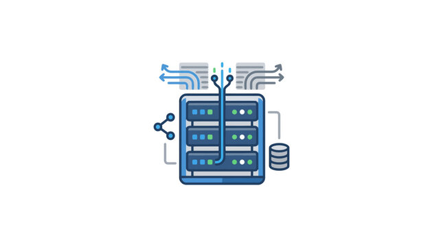 Data Center Server Rack Illustration with Information Flow and Cloud Computing Network Icons