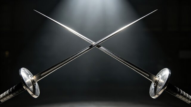 The crossed tips of two polished dueling foils forming an 'X' shape.