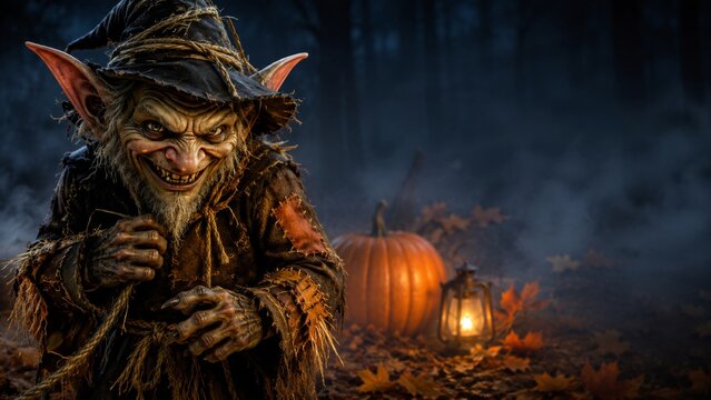 A creepy, troll-like gnome wearing a hat and holding a lantern, set against a purple background with pumpkins (banner format). For Halloween. Copy space.