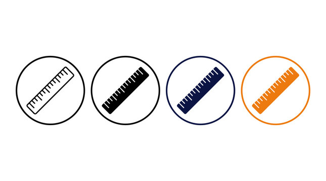 Measuring ruler circle icons in multiple colors and styles featuring outline solid and colorful designs for school education architecture drafting engineering.
