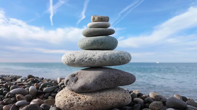 Stack of smooth balanced stones stands on pebble beach with calm sea and blue sky background.
