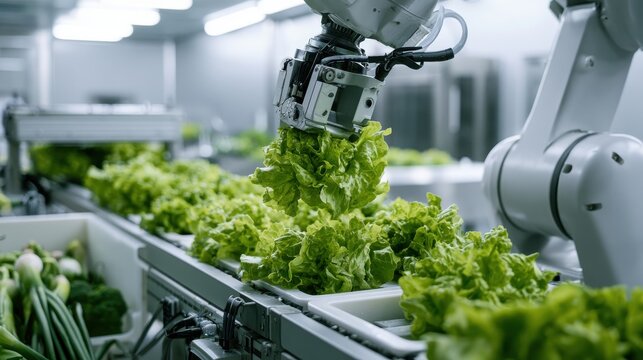 Advanced Automation in Agriculture, Robotic Arm Gripping Fresh Lettuce in Modern Hydroponic Farm, Efficient Food Production Technology