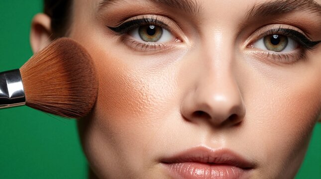 Close up of young caucasian woman applying bronzer with large brush. Pretty female model uses cosmetic powder for face contouring on green background. Professional makeup artist performs skin