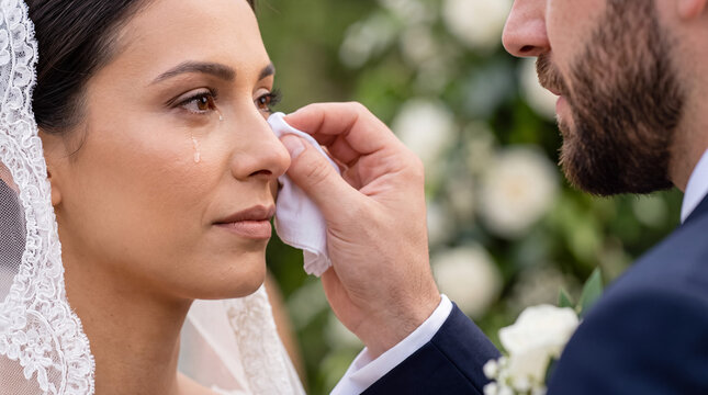 Groom comforting emotional bride crying tears of joy during wedding ceremony, celebrating love and commitment