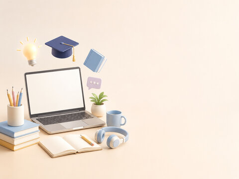 3D online learning and education workspace with laptop, books and copy space