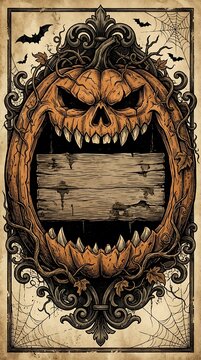Spooky Helloween Giant Jack-o'-Lantern Frame Illustration for Festive Decor