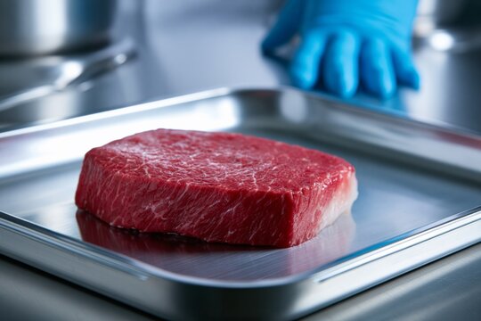 Close-up of a perfectly formed lab-grown steak on a surgical steel tray, clinical lighting, no blood, clean future food concept, science meets gastronomy