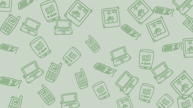 Green tech pattern with doodle laptops, mobile phones, ereaders, camera icons. Ideal for digital design projects needing a modern touch.