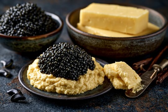 Dramatic dark background shot of precision fermentation products arranged as luxury food items, lab-grown caviar and cultured butter, future delicacy concept