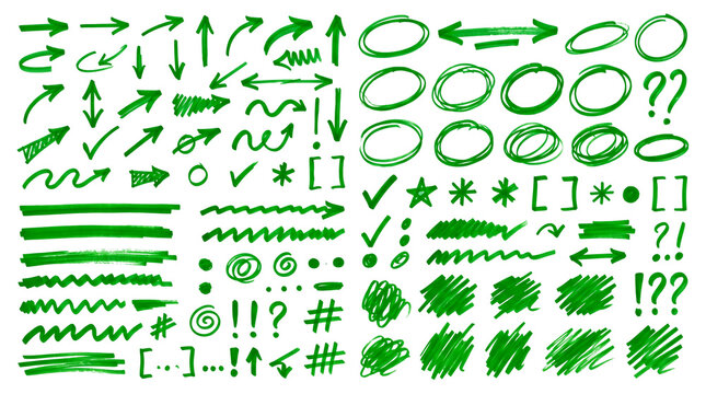 Colecci&oacute;n de elementos gr&aacute;ficos dibujados a mano con marcador verde sobre fondo transparente: flechas, c&iacute;rculos, rayas, estrellas y s&iacute;mbolos para edici&oacute;n de video.