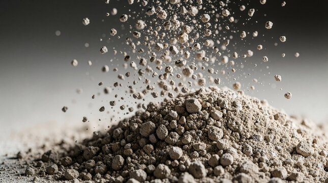 Close-up view of refractory material powder falling onto a pile. Tiny particles disperse in air, showing granular texture. Industrial substance for manufacturing or construction.