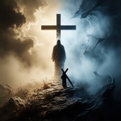 Naklejka premium Jesus Christ stands before large wooden cross under dramatic sky. Divine light meets blue mist in symbolic scene. Small silhouette of person prays on rocky ground. Sacred atmosphere shows faith,