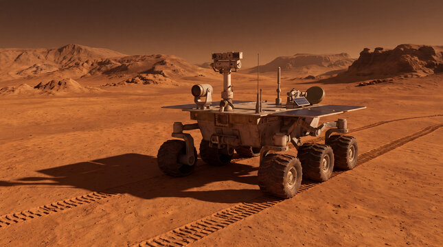 Mars rover exploring the red planet's desert landscape, conducting science and technology mission