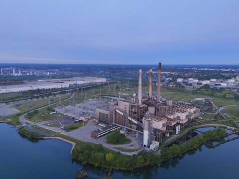 River Rouge, Michigan, United States - 09 August 2026: Aerial view of DTE Energy River Rouge Power Plant with smokestacks along the Detroit River, surrounded by industry.