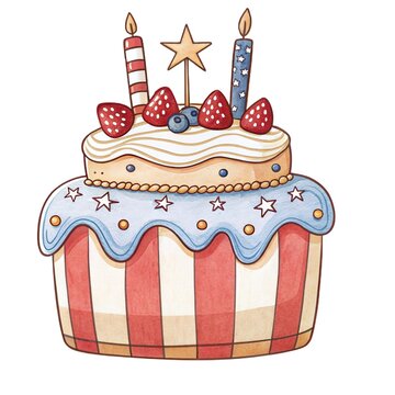 Detailed watercolor illustration of a festive patriotic cake with candles and berries isolated