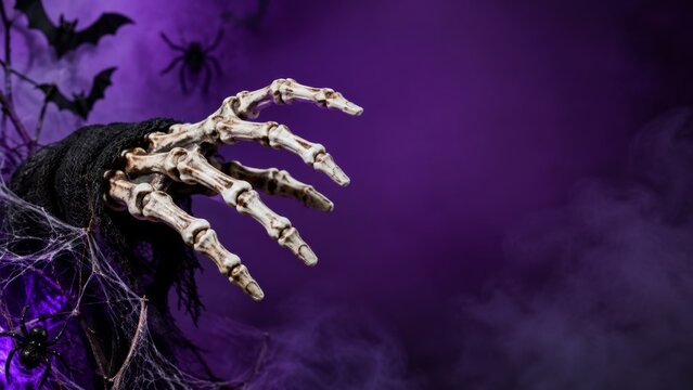 Spooky skeleton hand with torn fabric and spiderweb on a smoky purple background with flying bats for Halloween banner format